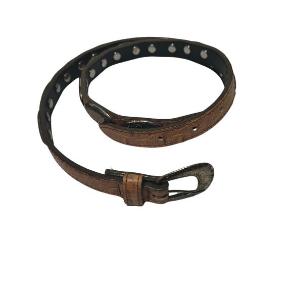 Vintage Tan Western Skinny Concho Belt Silver Tone Rounded Etched Buckle Size L - Picture 4 of 6